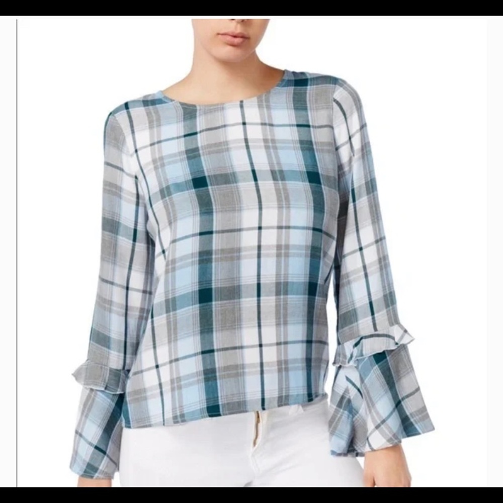 Maison Jules Plaid Bell Sleeve Blouse